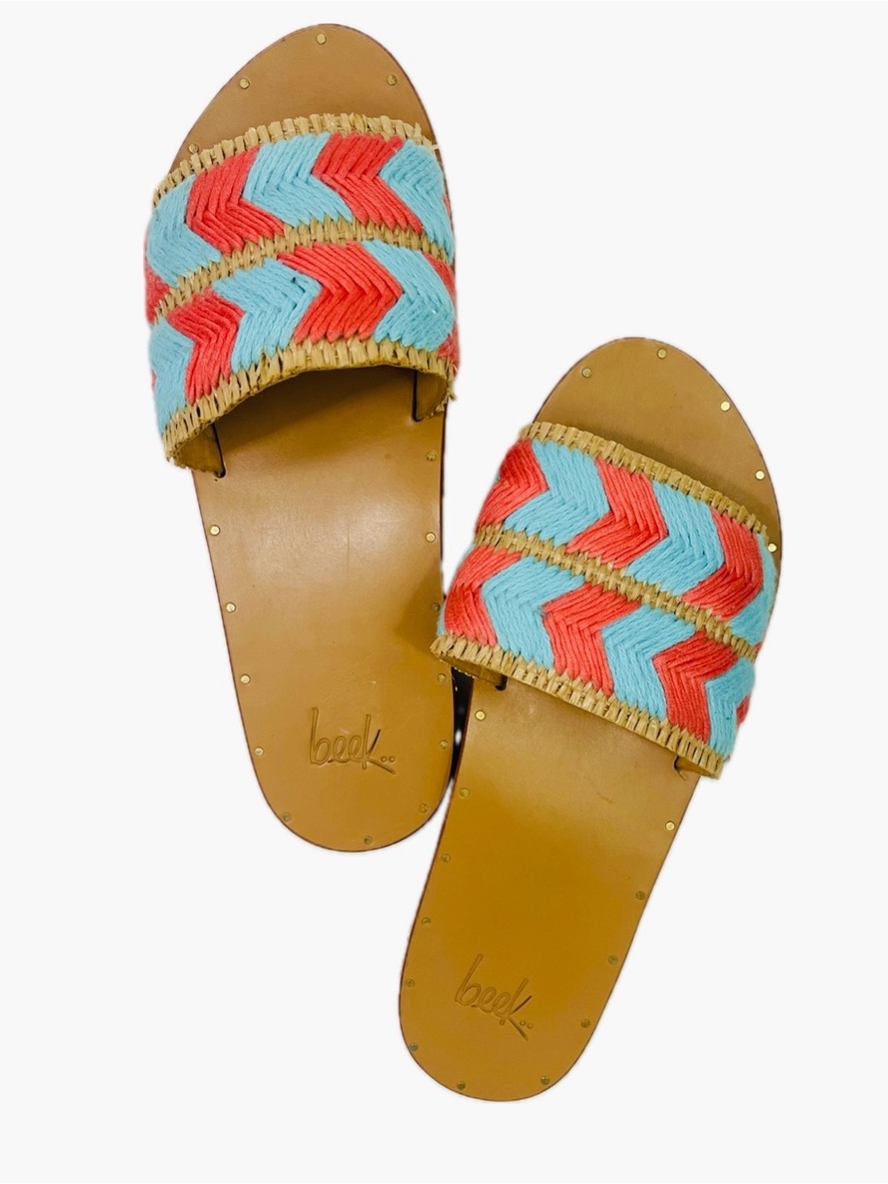 beek Parakeet Coral and Aqua Braided Slide Sandals